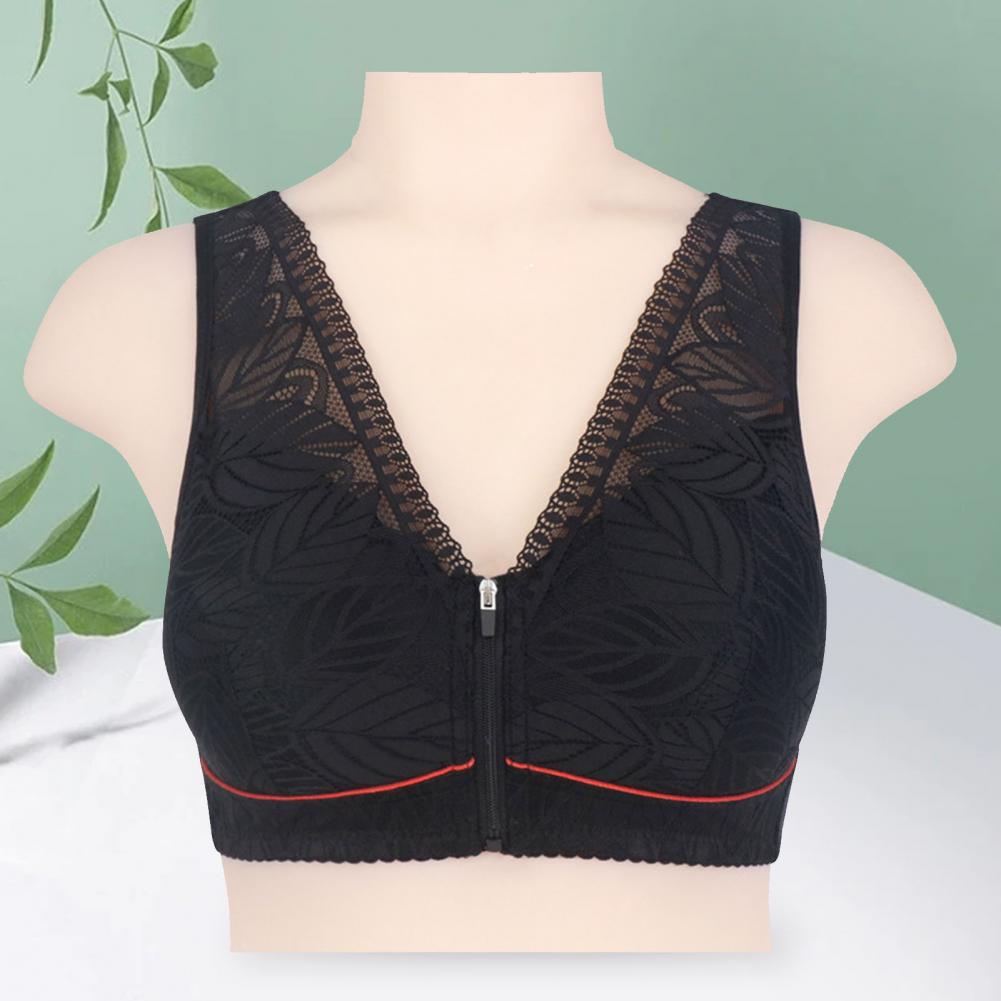 Soft cotton bra with front zipper for women,lace strap, plus size bra, leaf print tank top.