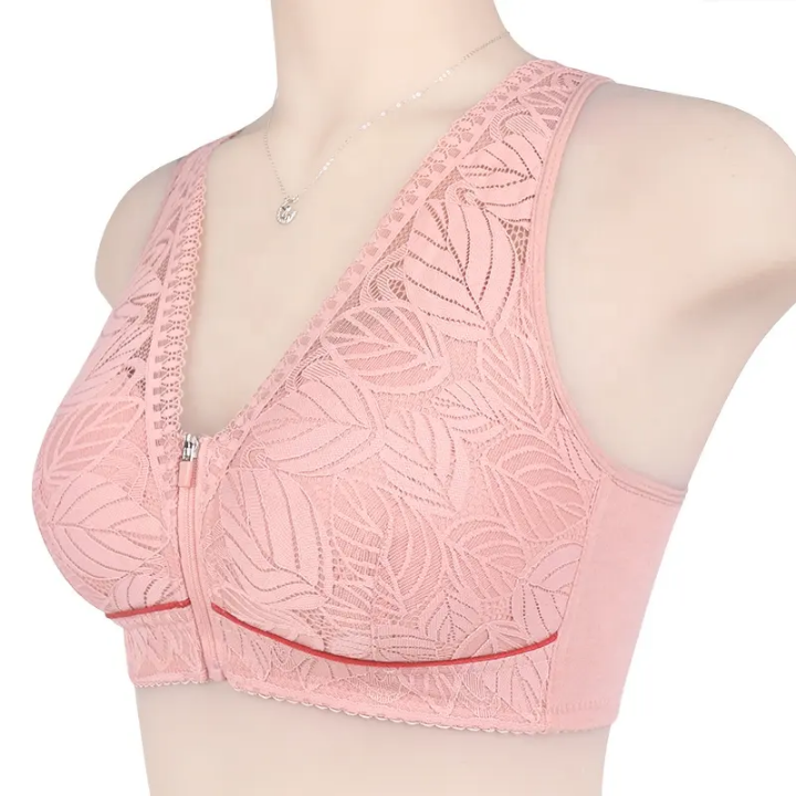 Soft cotton bra with front zipper for women,lace strap, plus size bra, leaf print tank top.