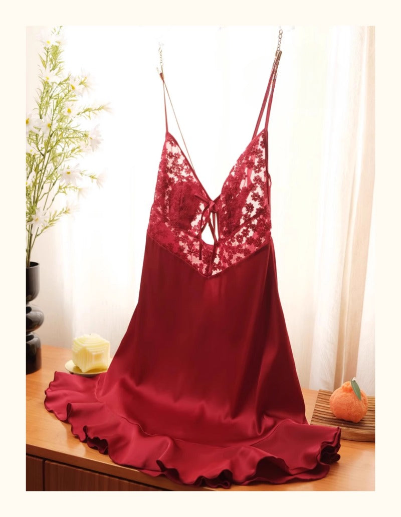 Sexy Women's Pajamas Ice Silk Pajamas Daisy Lace Suspender Nightdress with Chest Pad Nightgown Seduction Lingerie Underwear