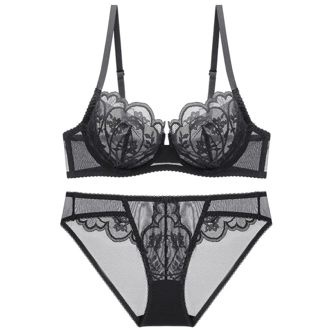 Ultra-thin Underwire Push-up Bra & Panty with Transparency Embroidery & Lacework