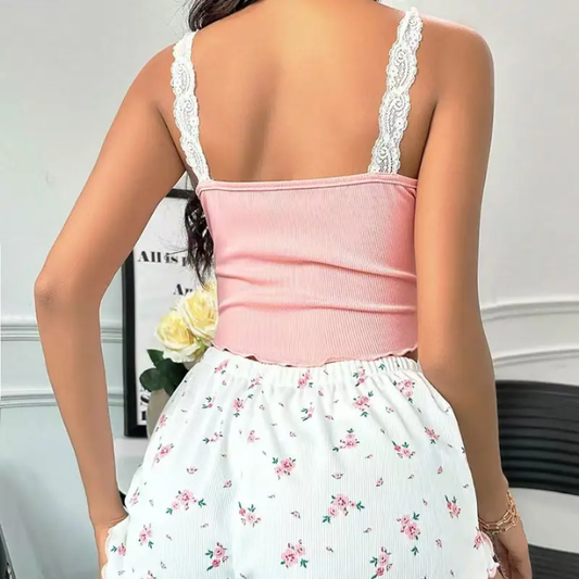 Sexy Lace+print Top and Shorts Set Beautiful Pattern Sleepwear For women