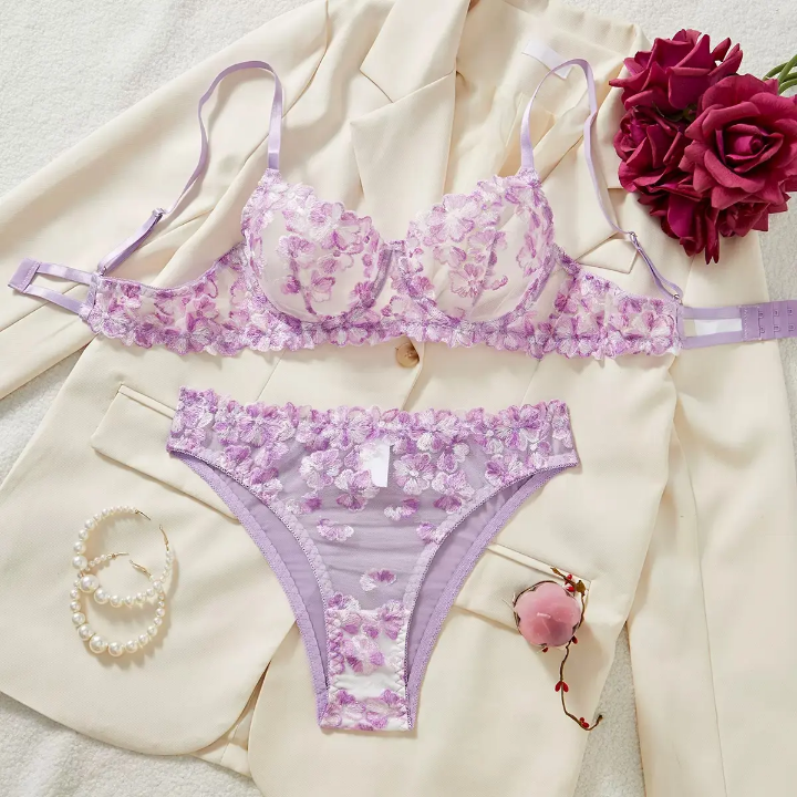 New French Flower Embroidery Perspective Sexy Girls Colorfull Sexy Lingerie 2 Piece Set